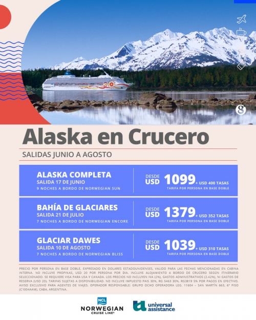 Alaska en Crucero salidas Junio a Agosto